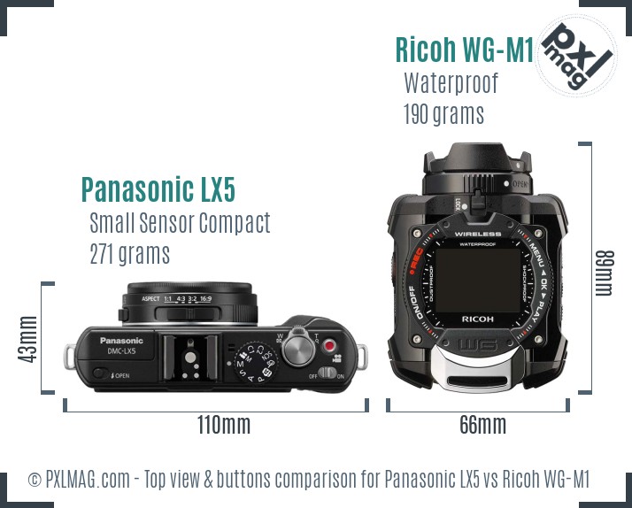 Panasonic LX5 vs Ricoh WG-M1 top view buttons comparison