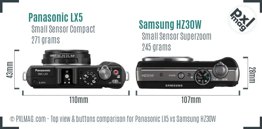 Panasonic LX5 vs Samsung HZ30W top view buttons comparison Panasonic LX5 vs Samsung HZ30W top view buttons comparison