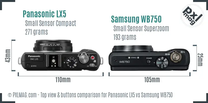 Panasonic LX5 vs Samsung WB750 top view buttons comparison