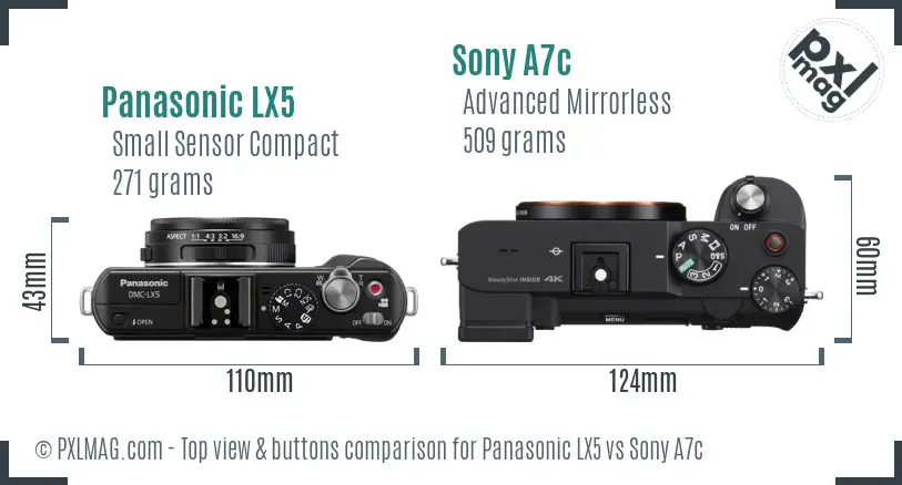 Panasonic LX5 vs Sony A7c top view buttons comparison Panasonic LX5 vs Sony A7c top view buttons comparison