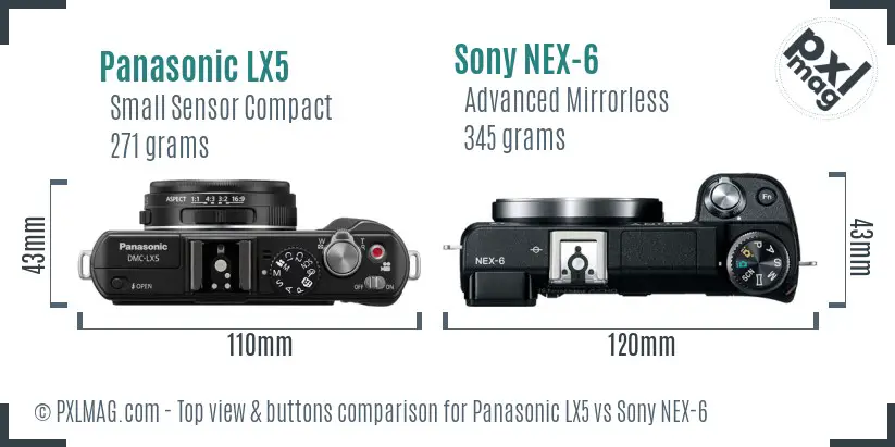 Panasonic LX5 vs Sony NEX-6 top view buttons comparison Panasonic LX5 vs Sony NEX-6 top view buttons comparison