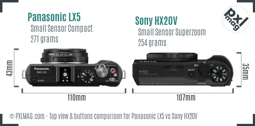 Panasonic LX5 vs Sony HX20V top view buttons comparison Panasonic LX5 vs Sony HX20V top view buttons comparison