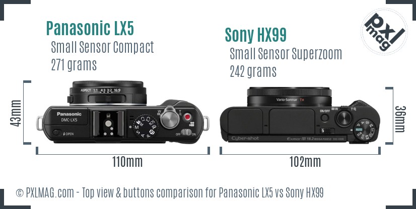 Panasonic LX5 vs Sony HX99 top view buttons comparison