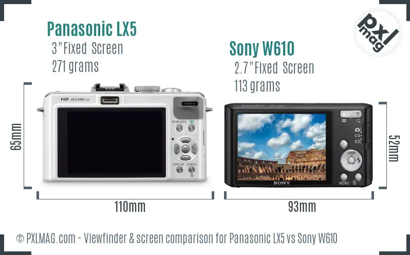 Panasonic LX5 vs Sony W610 Screen and Viewfinder comparison