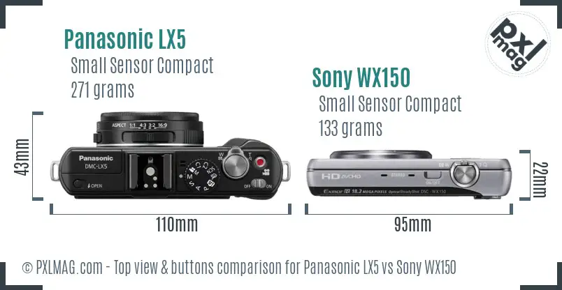 Panasonic LX5 vs Sony WX150 top view buttons comparison Panasonic LX5 vs Sony WX150 top view buttons comparison