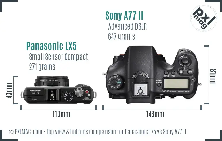 Panasonic LX5 vs Sony A77 II top view buttons comparison