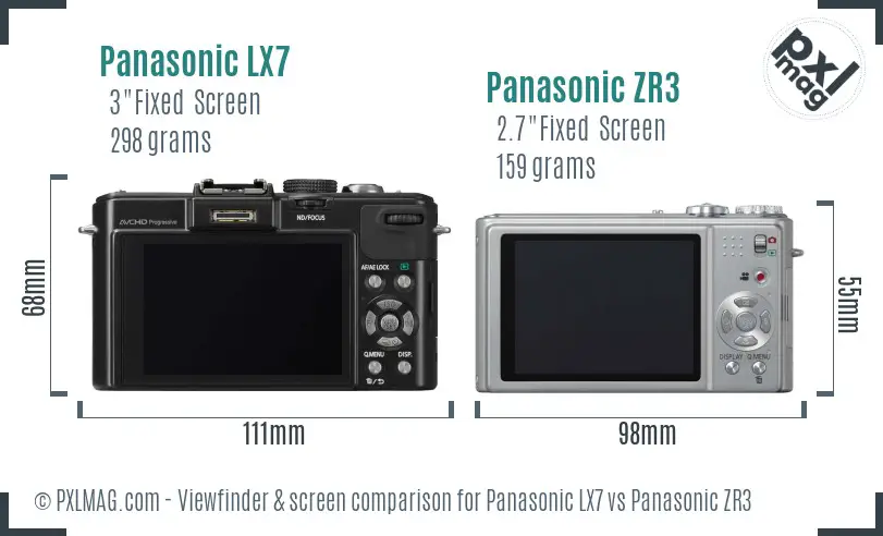 Panasonic LX7 vs Panasonic ZR3 Screen and Viewfinder comparison