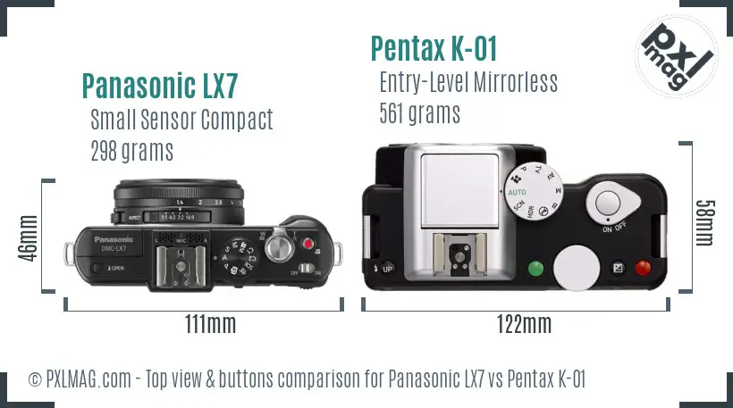 Panasonic LX7 vs Pentax K-01 top view buttons comparison