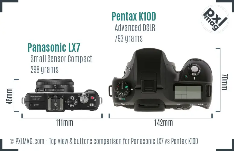 Panasonic LX7 vs Pentax K10D top view buttons comparison