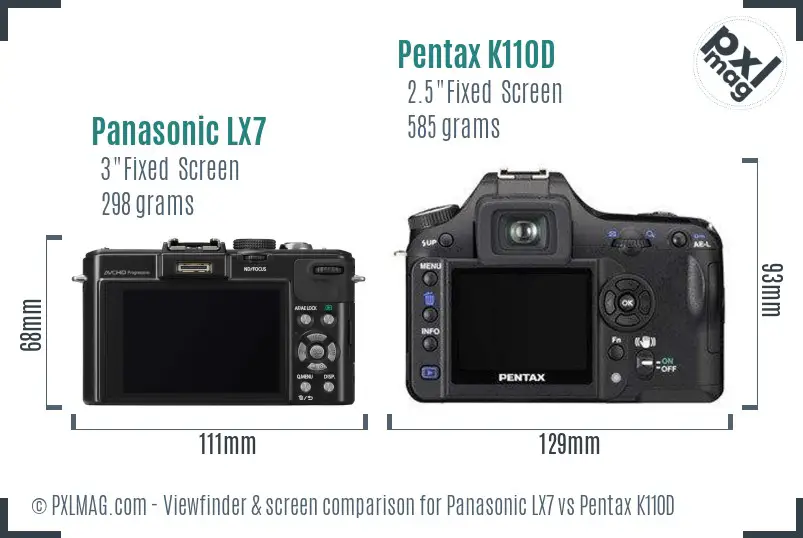 Panasonic LX7 vs Pentax K110D Screen and Viewfinder comparison
