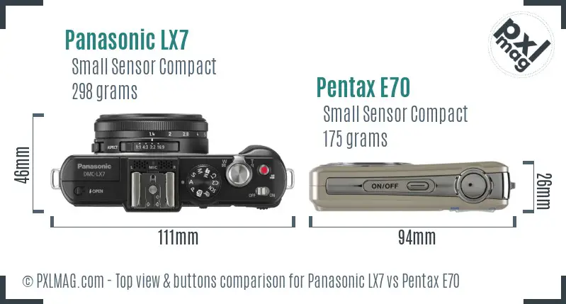 Panasonic LX7 vs Pentax E70 top view buttons comparison