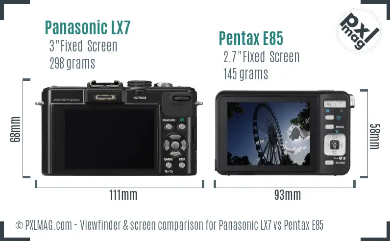 Panasonic LX7 vs Pentax E85 Screen and Viewfinder comparison