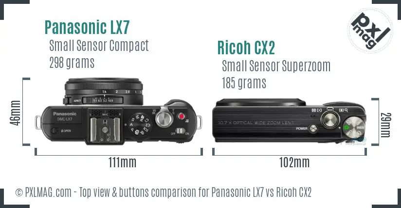 Panasonic LX7 vs Ricoh CX2 top view buttons comparison Panasonic LX7 vs Ricoh CX2 top view buttons comparison