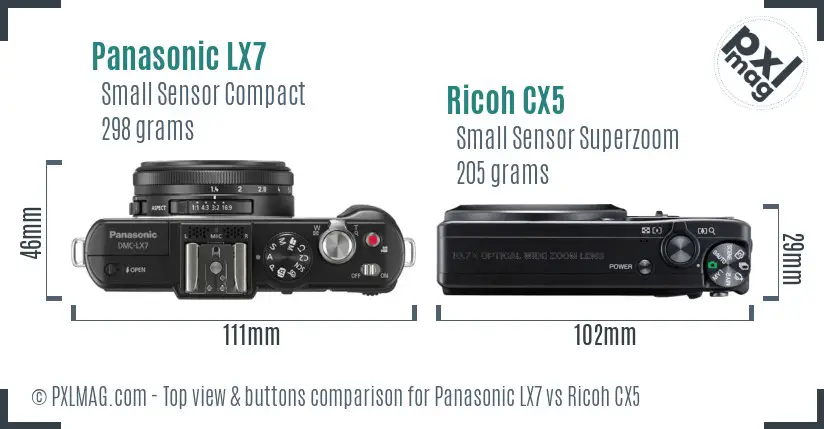 Panasonic LX7 vs Ricoh CX5 top view buttons comparison