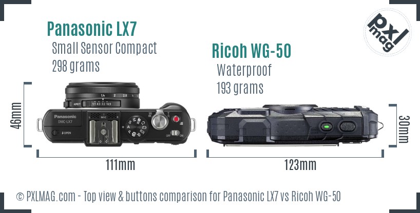 Panasonic LX7 vs Ricoh WG-50 top view buttons comparison