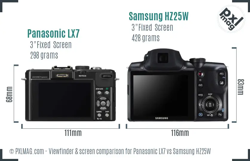 Panasonic LX7 vs Samsung HZ25W Screen and Viewfinder comparison