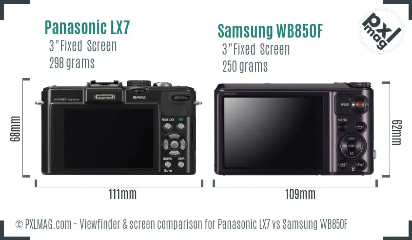 Panasonic LX7 vs Samsung WB850F Screen and Viewfinder comparison