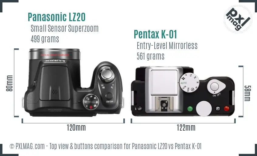 Panasonic LZ20 vs Pentax K-01 top view buttons comparison