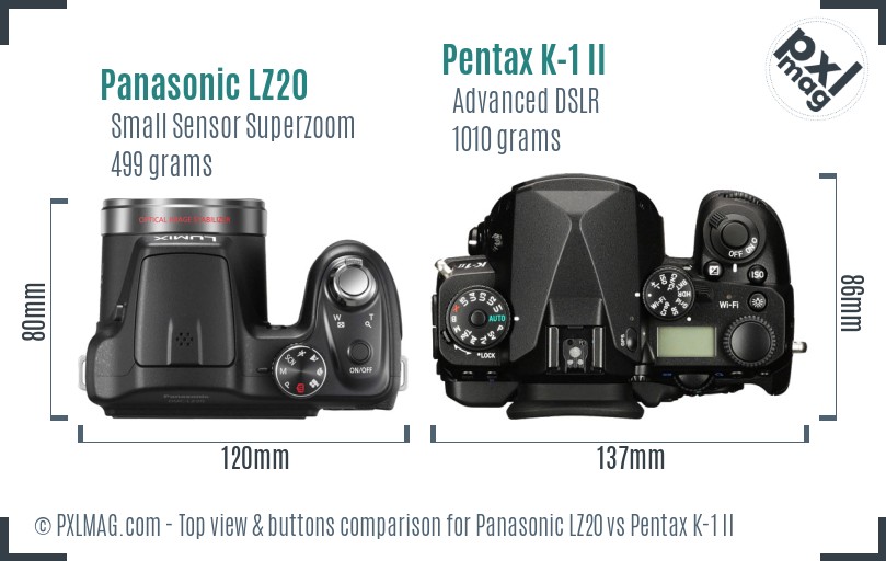 Panasonic LZ20 vs Pentax K-1 II top view buttons comparison
