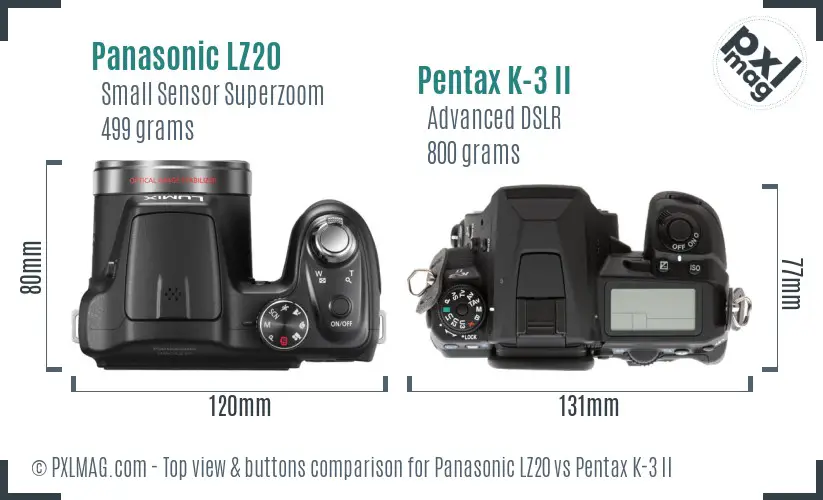 Panasonic LZ20 vs Pentax K-3 II top view buttons comparison