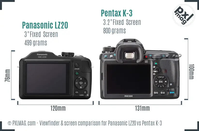 Panasonic LZ20 vs Pentax K-3 Screen and Viewfinder comparison