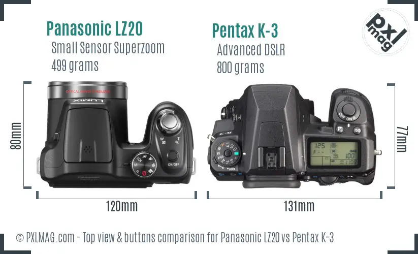 Panasonic LZ20 vs Pentax K-3 top view buttons comparison