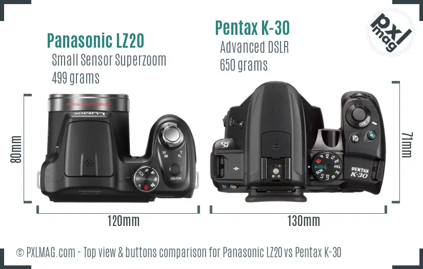 Panasonic LZ20 vs Pentax K-30 top view buttons comparison