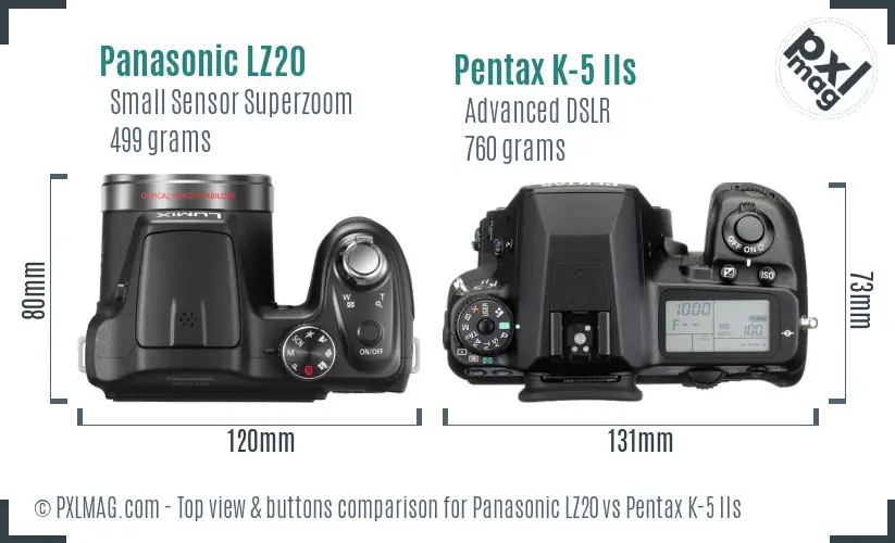 Panasonic LZ20 vs Pentax K-5 IIs top view buttons comparison