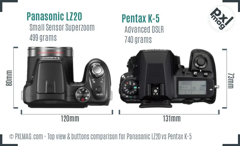 Panasonic LZ20 vs Pentax K-5 top view buttons comparison