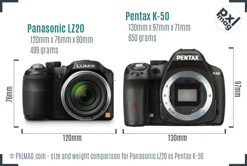 Panasonic LZ20 vs Pentax K-50 size comparison