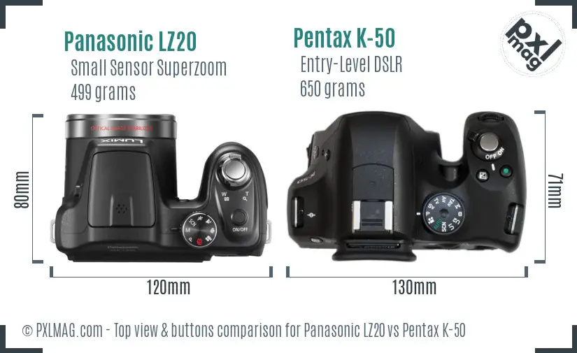 Panasonic LZ20 vs Pentax K-50 top view buttons comparison