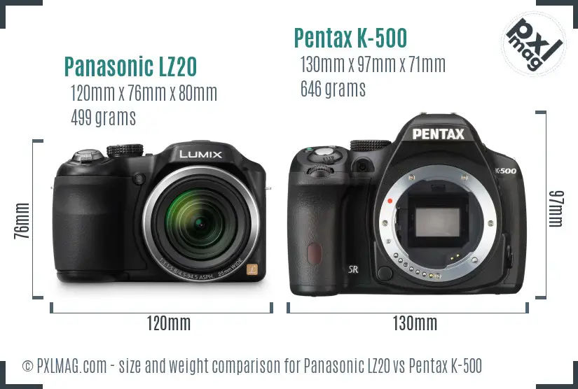 Panasonic LZ20 vs Pentax K-500 size comparison