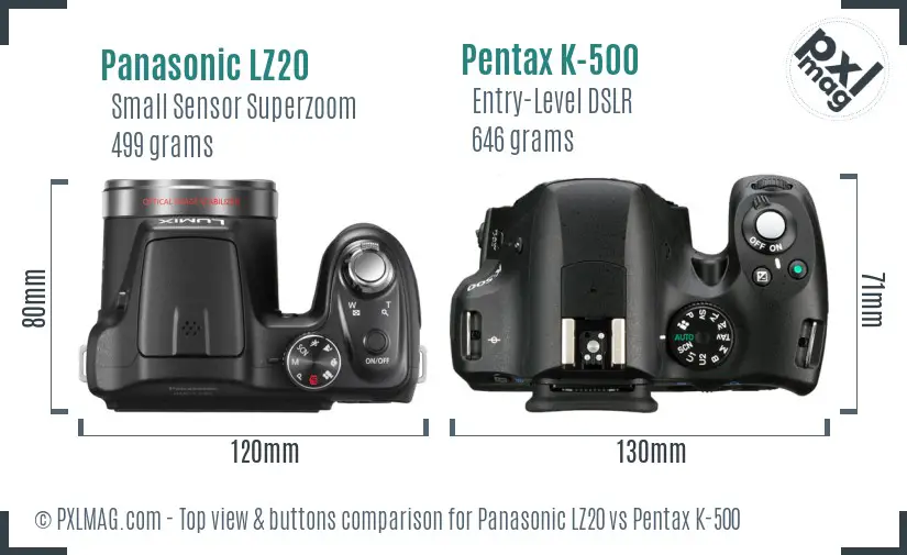 Panasonic LZ20 vs Pentax K-500 top view buttons comparison
