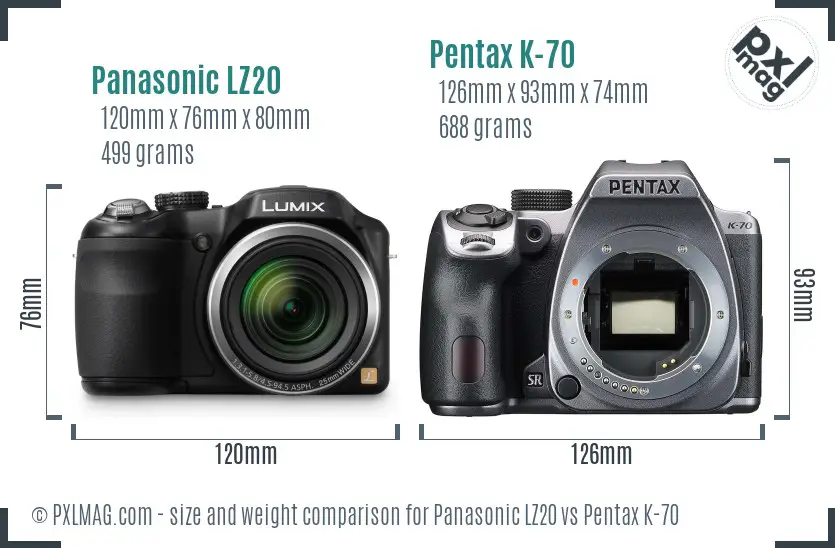 Panasonic LZ20 vs Pentax K-70 size comparison