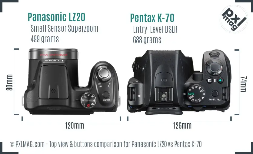 Panasonic LZ20 vs Pentax K-70 top view buttons comparison