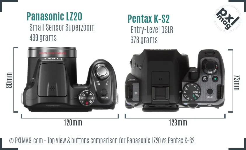 Panasonic LZ20 vs Pentax K-S2 top view buttons comparison