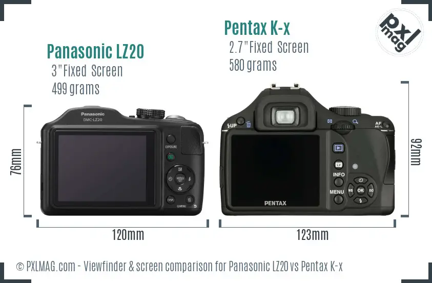 Panasonic LZ20 vs Pentax K-x Screen and Viewfinder comparison