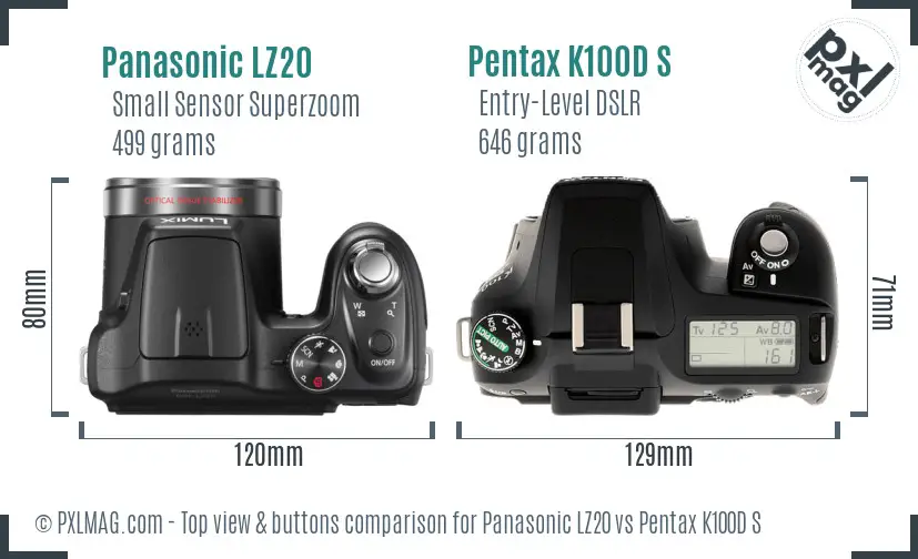 Panasonic LZ20 vs Pentax K100D S top view buttons comparison