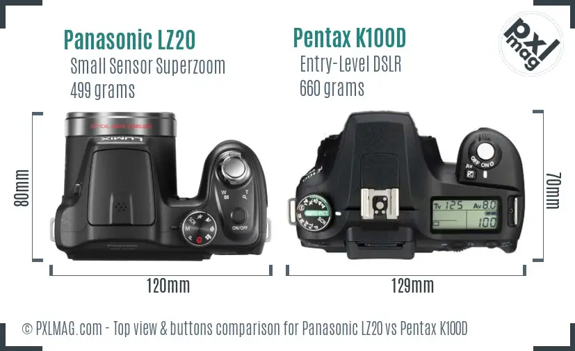 Panasonic LZ20 vs Pentax K100D top view buttons comparison