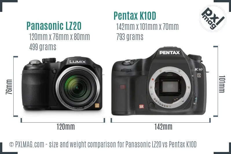 Panasonic LZ20 vs Pentax K10D size comparison