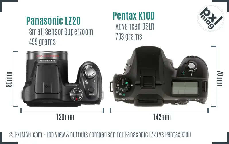 Panasonic LZ20 vs Pentax K10D top view buttons comparison