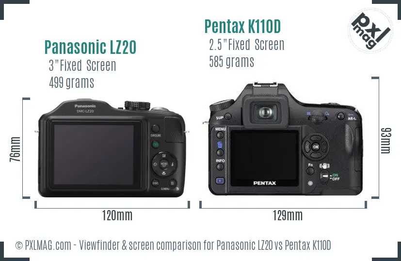 Panasonic LZ20 vs Pentax K110D Screen and Viewfinder comparison