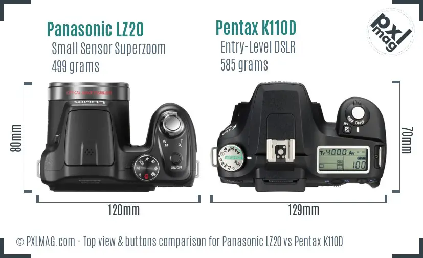 Panasonic LZ20 vs Pentax K110D top view buttons comparison