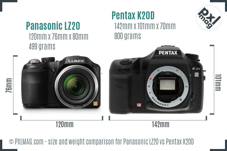 Panasonic LZ20 vs Pentax K20D size comparison