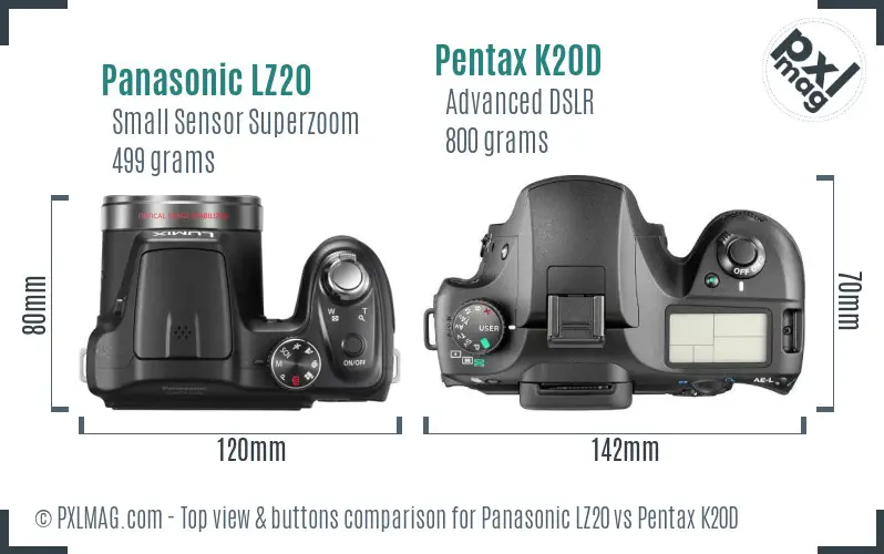 Panasonic LZ20 vs Pentax K20D top view buttons comparison