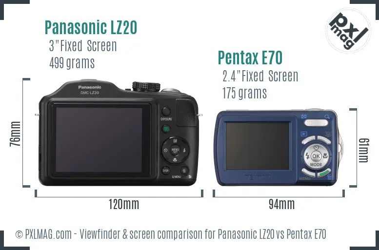 Panasonic LZ20 vs Pentax E70 Screen and Viewfinder comparison