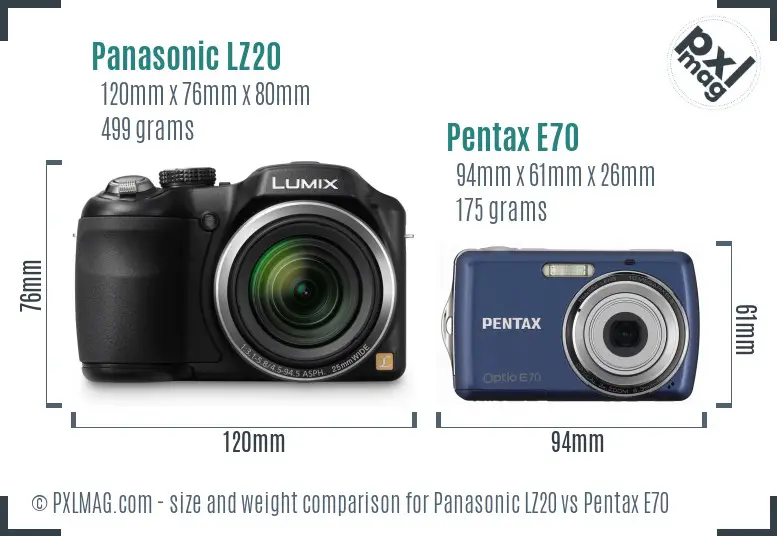 Panasonic LZ20 vs Pentax E70 size comparison