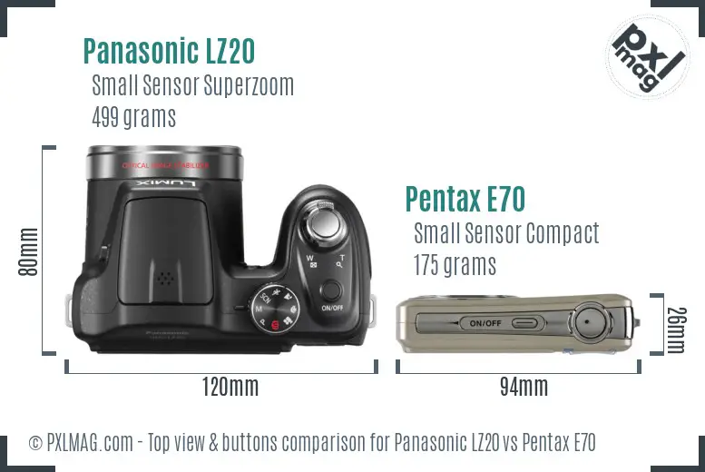 Panasonic LZ20 vs Pentax E70 top view buttons comparison