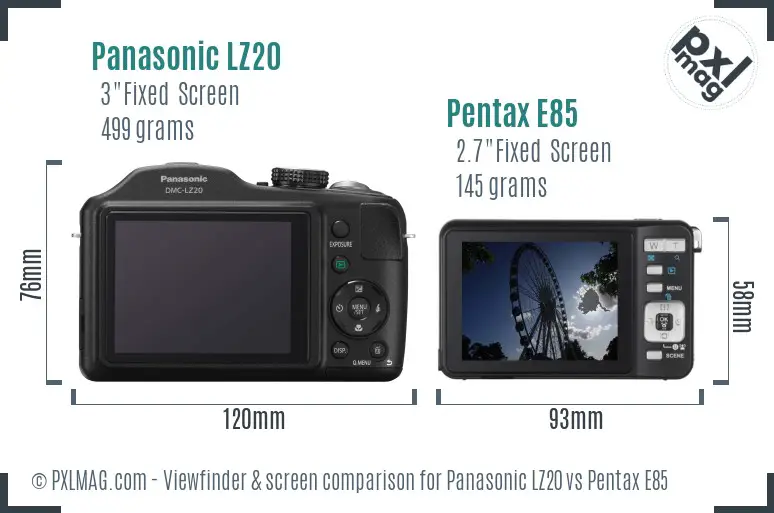 Panasonic LZ20 vs Pentax E85 Screen and Viewfinder comparison