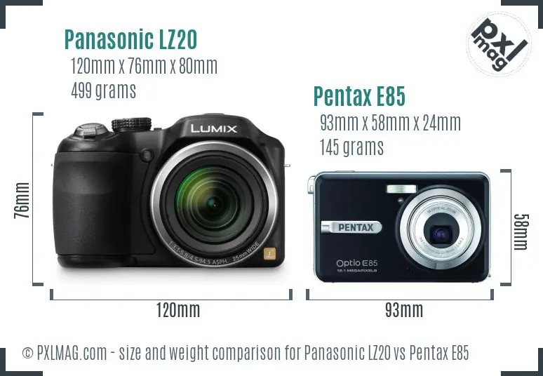 Panasonic LZ20 vs Pentax E85 size comparison